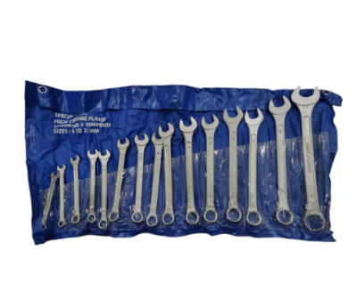 Features:
The Spanner Set consists of 15 heat-treated combination spanners.
The Spanners are conveniently stored in a reusable roll-up pouch, for ease of use and organisation.
The Spanner Set is a great addition for a workshop or home use.

Includes:
15 Piece Combination Spanners
Storage Pouch
15 Piece set: 6mm,7mm,8mm,9mm,10mm,11mm,12mm,13mm,14mm,15mm,16mm,17mm,18mm,19mm, 22mm

What's in the box
15 Piece Combination Spanner Set In Storage Pouch
