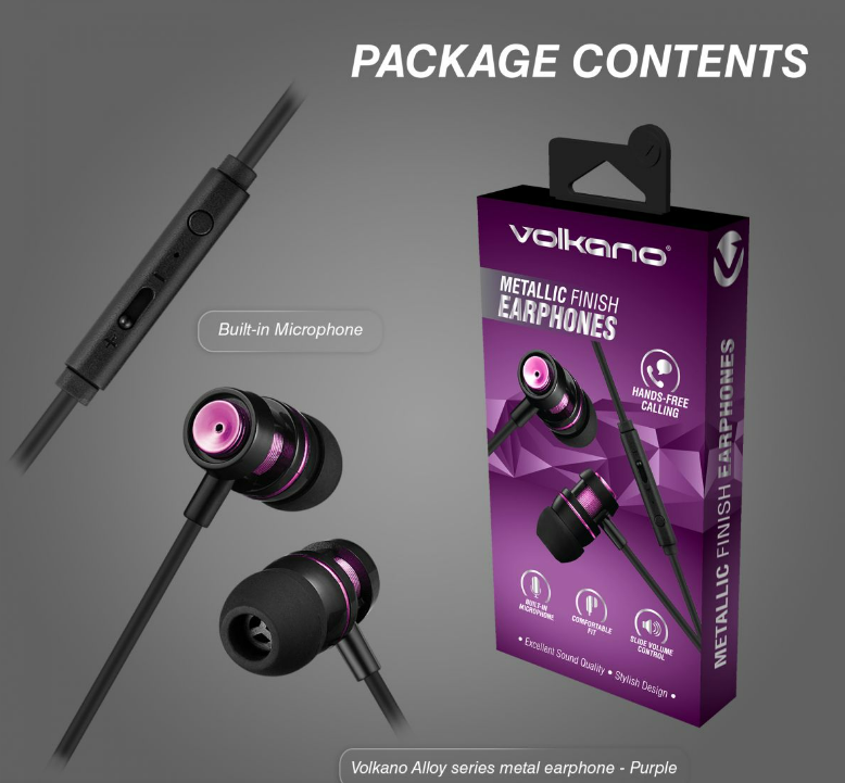 Volkano Earphones Wired with Mic - Alloy Series - Purple